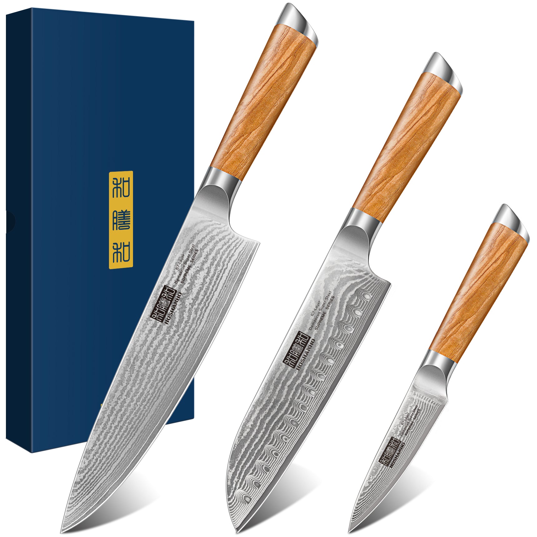 3-Piece Damascus Knife Set – VG-10 Chef, Santoku & Paring Knives with Ergonomic Handle