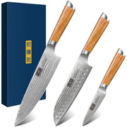 3-Piece Damascus Knife Set – VG-10 Chef, Santoku & Paring Knives with Ergonomic Handle