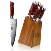 7-Piece Kitchen Knife Set with Block – 67-Layer Damascus Steel Knives with Sharpener & G10 Handles